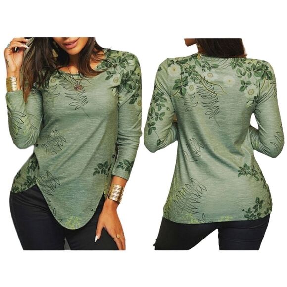 NWT Boho Floral Print Long Sleeve Button Accented Top - Picture 1 of 8